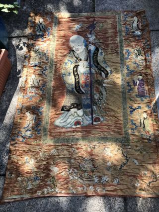 Large Antique Chinese Silk Embroidery 8 Immortals Shou Xing Bats