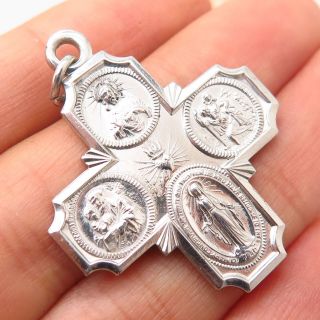 Vtg Signed Sterling Silver Four - Way Medal Cross Catholic Religious Charm Pendant