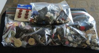 3 Bags Of Vintage Buttons Glass Metal Plastic 1940s - 1970s 540g