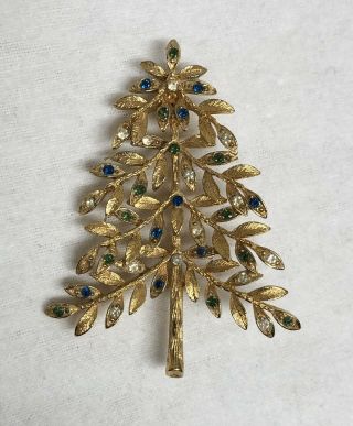 Vintage Mylu Christmas Tree Brooch Goldtone Rhinestone