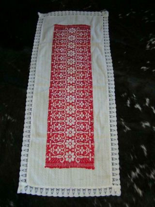 Vintage Norway Red Wool Woven Lace Edge Runner 17x42