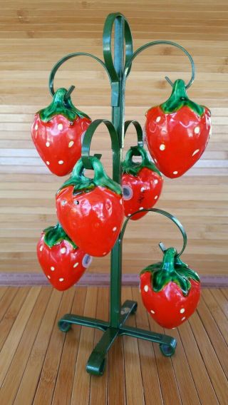Vintage Strawberry Salt And Pepper Shakers (6) Hanging From Metal Rack Japan Vtg