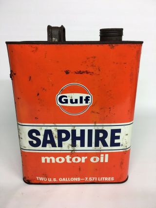 Vintage Gulf Saphire 2 Gallon Metal Orange Motor Oil Can