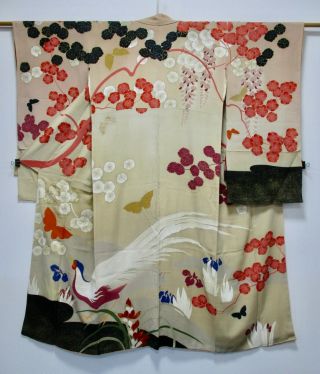Japanese Kimono Silk Antique Houmongi / Rare / Flower & Bird / Embroidery /906