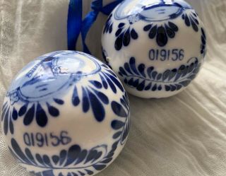 2 Vtg Delft Blue & White Porcelain Ball Ornament Dutch Windmills 019156
