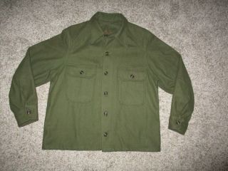 Vtg Military Wool Olive Green Field Shirt 108 Size Large Essex Shirt Co.  1950s
