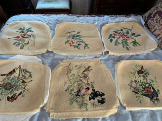 Set Of 6 Hand Embroidered Needle Point For Chair Seat Cushion Footstool Birds