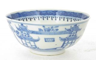 Antique Chinese Blue & White Porcelain Bowl Painted Landscape Kangxi Mark 19thc