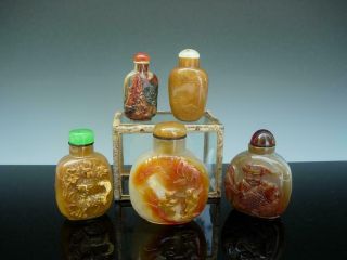 Group Of Antique Chinese Carved Agate & Jade Snuff Bottles And Stoppers