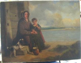 Pleasing,  Mid 19thc Antique Oil Portrait Of A Fisherwoman,  Child And Dog