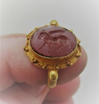 Scarce Ancient Roman High Carat Gold Ring With Carnelian Intaglio Pegasus