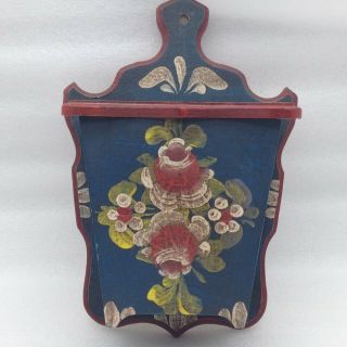 Vintage Primitive Wood Match Holder Box Wall Hanging Tole Floral Design Barn Red