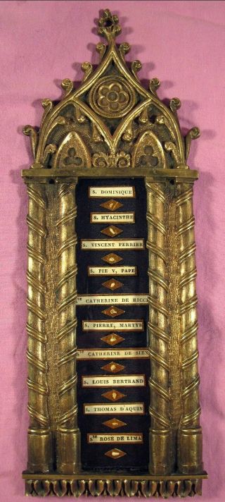 Antique & Ornate Gothic Bronze Reliquary With The Relics Of 10 Domenican Saints.