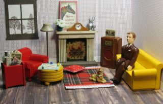 Strombecker Kage Living Room Set W/ Fireplace Vintage Wooden Dollhouse Furniture