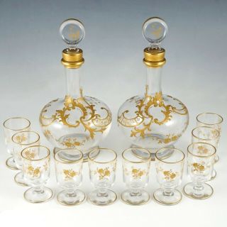 Antique French Glass Liquor Set Raised Gold Enamel Decanters Cordial Goblet Cups