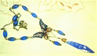 Vintage Czech Beaded Necklace Butterfly Pendant,  Hand Made
