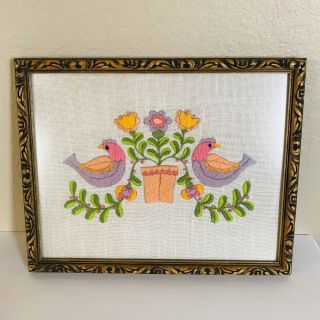 Vintage Crewel Embroidery Wall Decor Birds Floral Pastel Flowers Framed 15 X 12