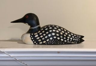 Vintage Hand Carved & Painted Black & White Loon Duck Glass Eyes