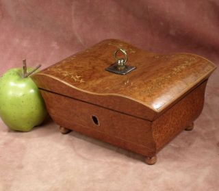Antique C1810 Wood Serpentine Lid Sewing Box Inlaid Thuya Wood Exotic Pretty