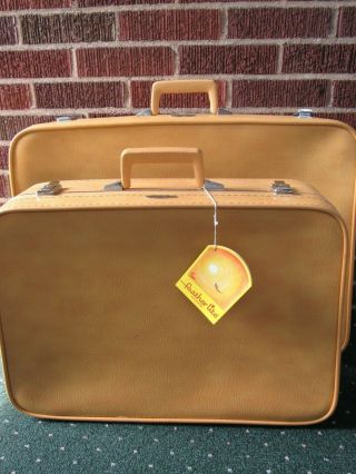 2 Vintage Sears Featherlite Golden Yellow Luggage Suitcases W Keys