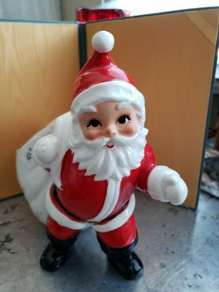 Vintage Josef Santa W/ Toy Bag Planter Black Gold Label Christmas Santa Claus