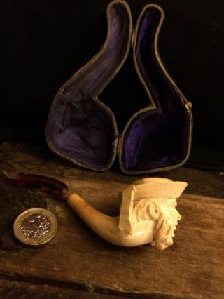 Vintage Meerschaum Hand Carved Pipe With Naval Male Head,  Leather Case