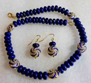 Vintage Art Deco Chinese Lapis Lazuli Enamel Cloisonne Necklace,  Earrings 17 "
