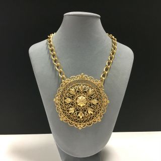 Massive Moghul India Vtg Crown Trifari Filigree Gold Pendant Necklace Ff103zo