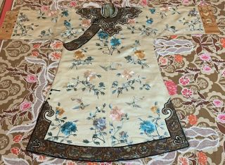 Antique Chinese Qing Dynasty Hand Embroidery Robe Chest 48 " Length 44 " Off White