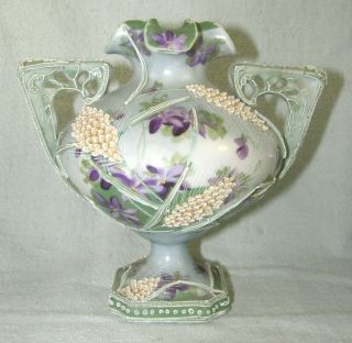 Hand Painted Japanese Meiji Moriage Vase - Ruffled Top & Purple Orchids