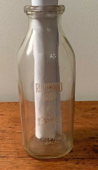 Vintage Virginia Dairy Quart Milk Bottle Richmond Va Painted Label