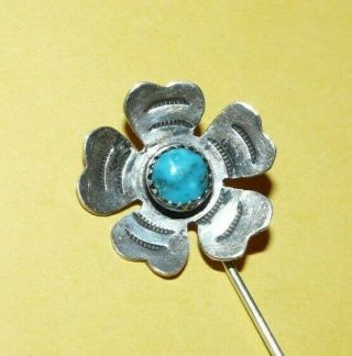 Vtg Fred Harvey Era Native Navajo Sterling Silver Turquoise " Flower " Stick Pin
