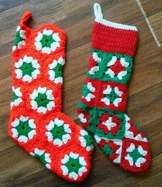 2 Vtg Handmade Granny Square Crochet Christmas Stocking Green Red White 1970 