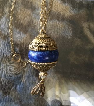 Vintage Gold Tone Perfume Bottle Pendant Necklace Blue Marble Stone,  - 63