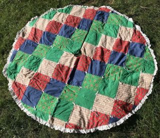 Vtg Handmade Quilted Christmas Tree Skirt 60 " Round Patchwork Eyelet Lace Euc