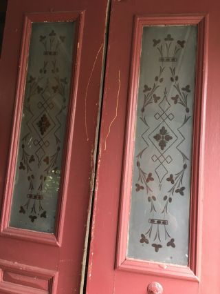 Pair Antique Double Entry Doors W / Etched & Wheel Cut Glass