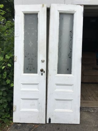 Pair Antique Double Entry Doors W / Etched & Wheel Cut Glass 3