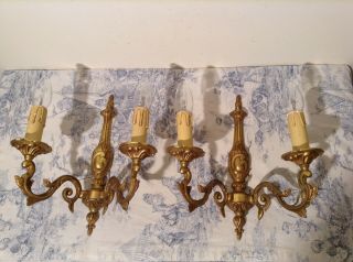 Pair Vintage French Bronze Double Wall Sconce Lights