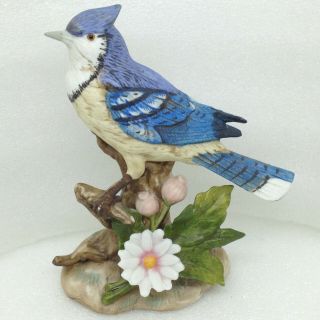 Vintage Homco Male Blue Jay Bird Figurine Porcelain White Flower 1445