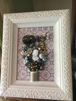 Framed Vintage Jewelry Art 5x7 Bouquet Cameo Blue Sewing Spool Flower Gift