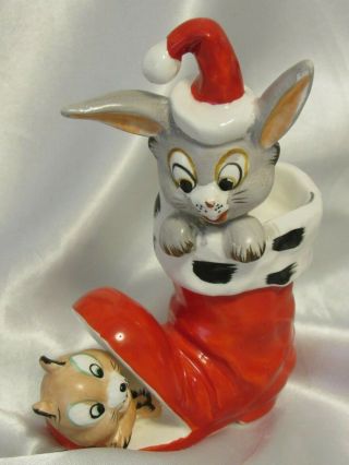 Vintage Christmas Kreiss Rabbit Chipmunk In Santa Boot Ceramic Figurine