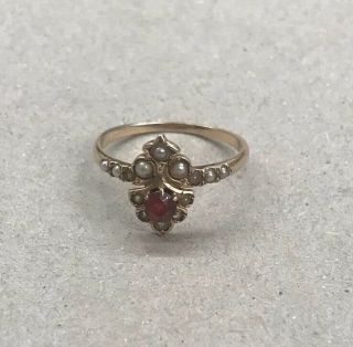 Antique Victorian 10k Gold Seed Pearl And Ruby Ring Size 7 1.  7 Grams