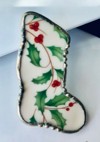 Vintage Broken China Stocking Shaped Pendant With Holly & Berries