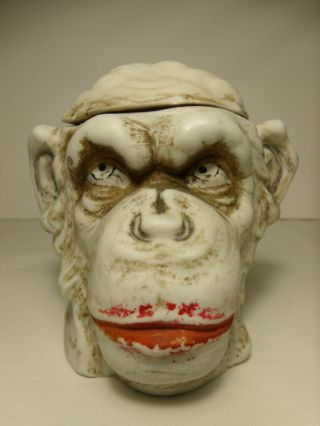 Old Antique German Bisque Monkey Ape Gorilla Head Figural Humidor Tobacco Jar