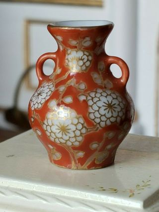 Vintage Dollhouse Miniature Artisan Porcelain Vase W Handles Japan Signed 1:12