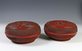 Great Antique Chinese Carved Lacquer Cinnabar Covered Round Boxes 18/19c