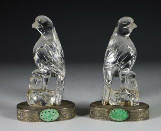 Old Chinese Carved Rock Crystal Birds W Jade