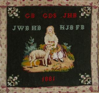 1881 Dutch Black Wool Work Sampler Girl With Dog
