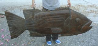 Large Antique Fish (bass) Hand Carved 2 - Sided Oak Trade Sign,  73 "