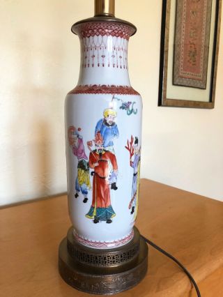 Antique Chinese Porcelain Lamp Vase Famille Rose Eight Immortals Brass Base